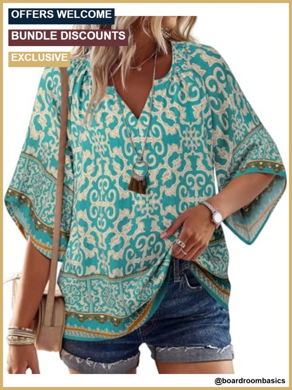 Boho Peasant Blouse 3/4 Bell Sleeve V-Neck Tunic Top